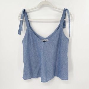 Zara Basic Z1975 Denim Chambray Tank Top Sz M Blue Linen Blend V-Neck Tie Strap
